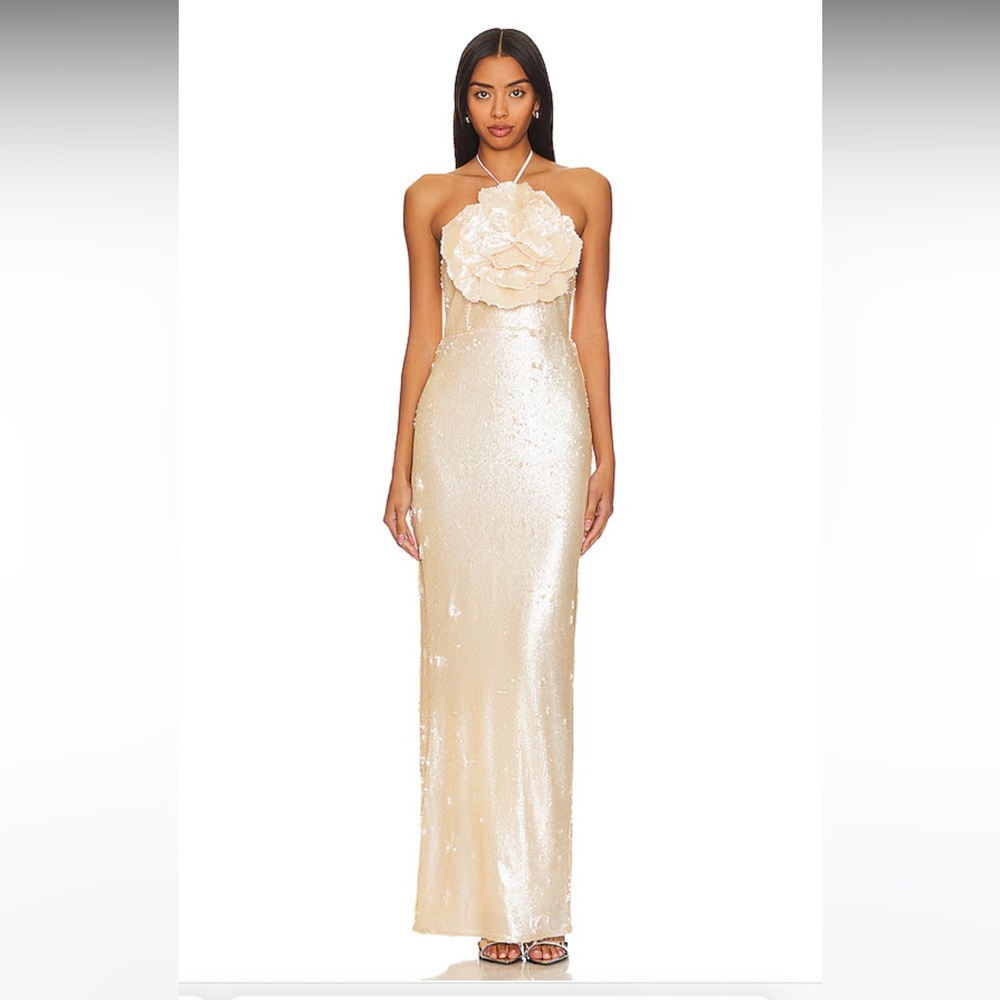 Lovers + Friends Champagne Sequin Halter Gown with Floral Bodice